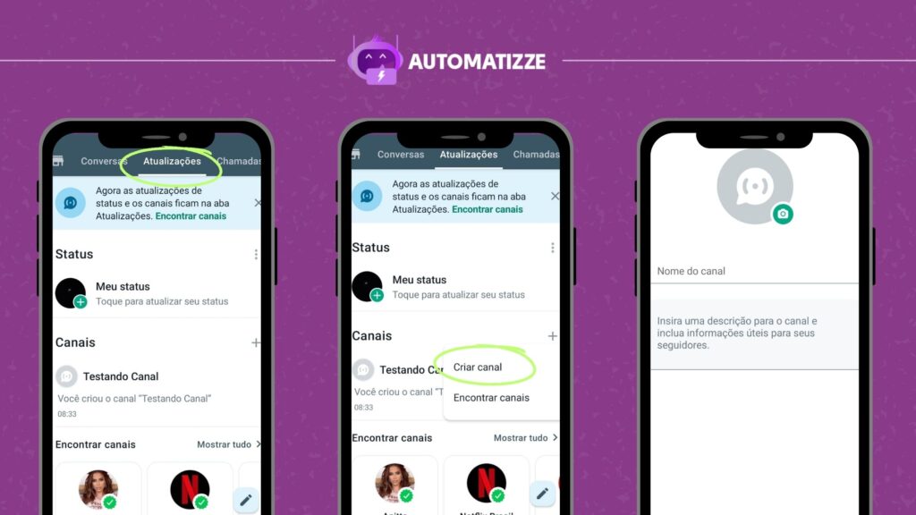 3 telas de celular ensinando como criar canal no whatsapp