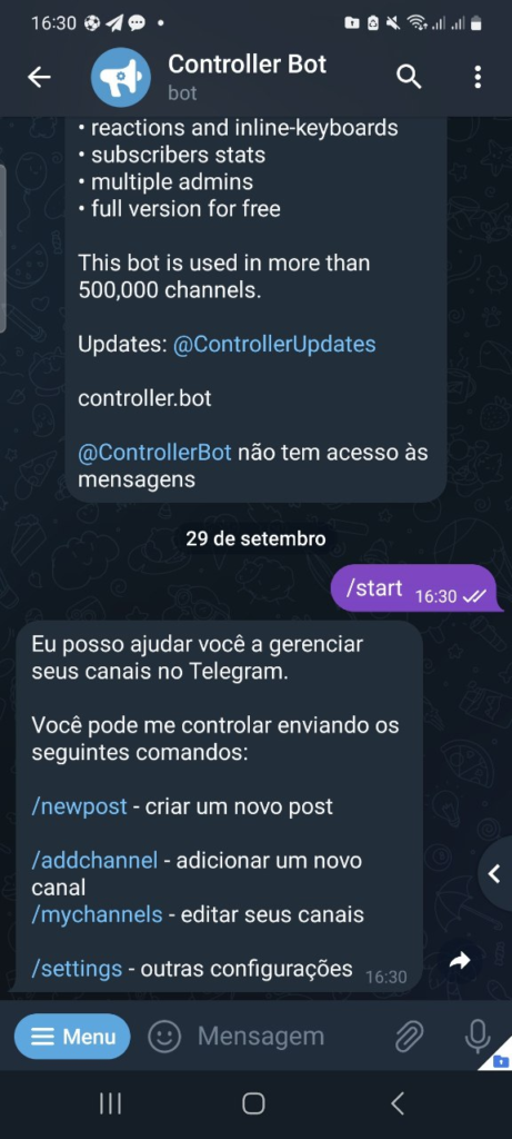 Print da tela do Controller Bot mostrando os comandos disponíveis.